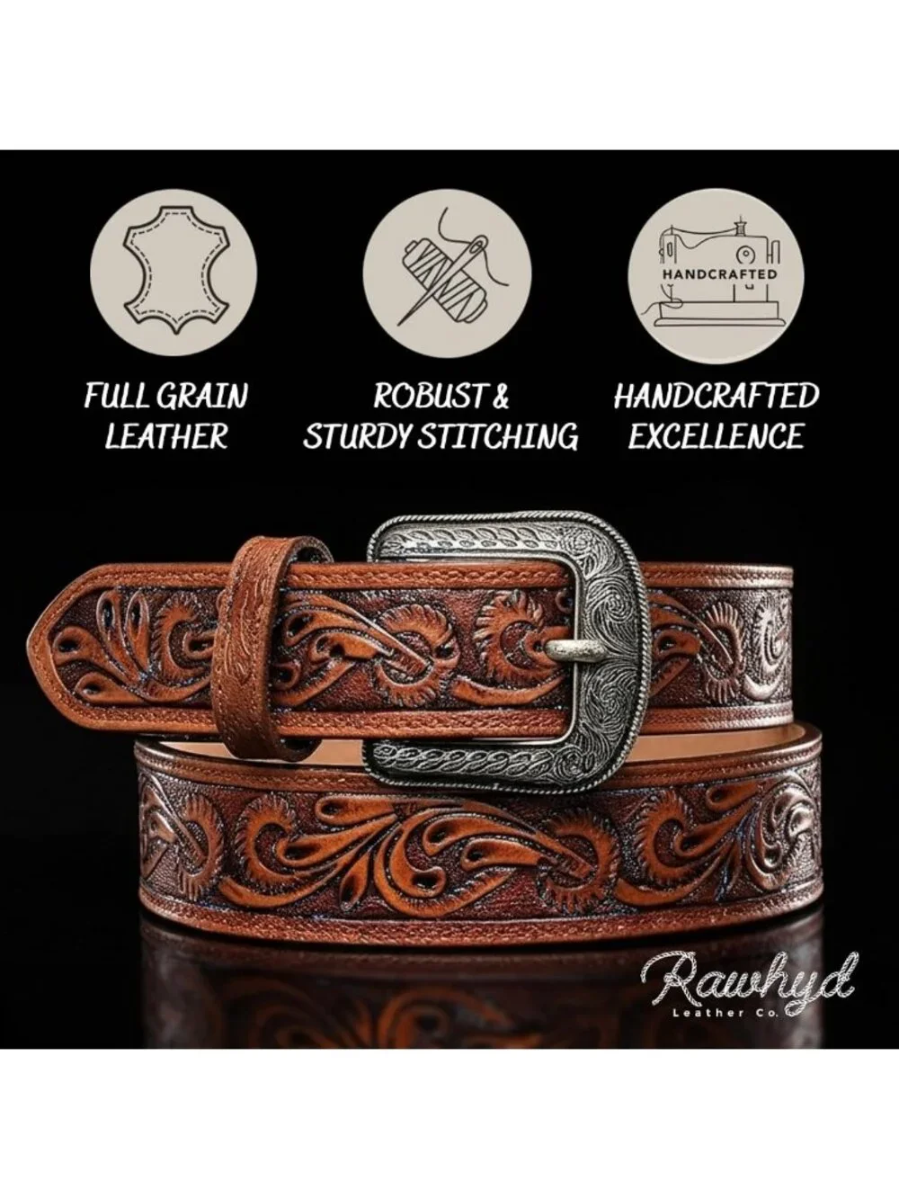 Full-Grain Men's Western Belt - Durable Tooled Leather, Versatile Buckle-Free